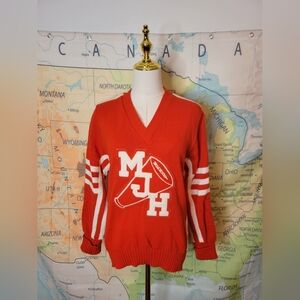 Vintage Red V-Neck Cheerleader Sweater with White Stripes